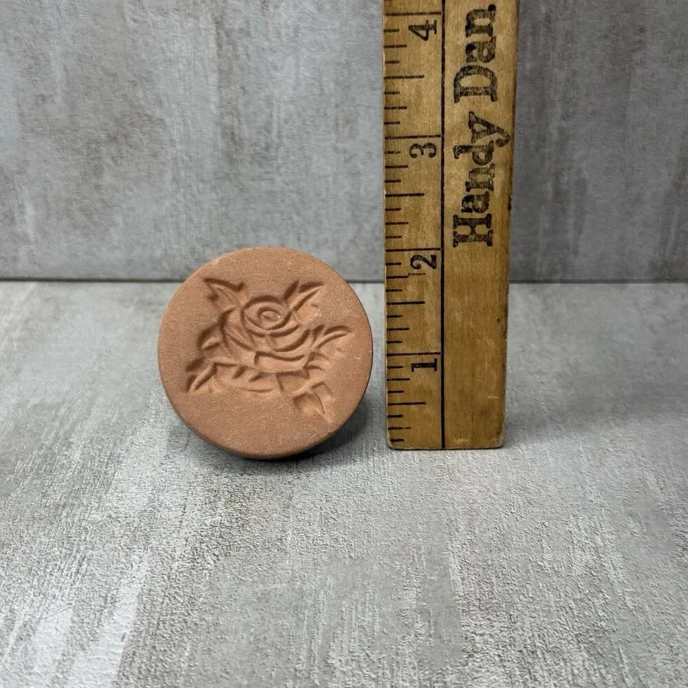 Vintage Ceramic Terracotta Blue Glaze Cookie Press Stamp Rose Floral 2